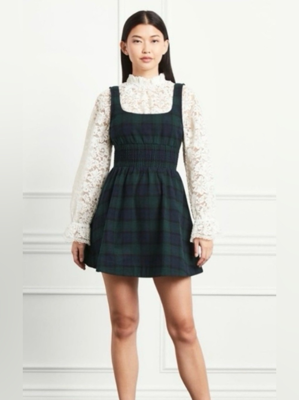Hill House Home Cher A-line Square-Neck Green Tartan Smocked Mini Dress Sz M